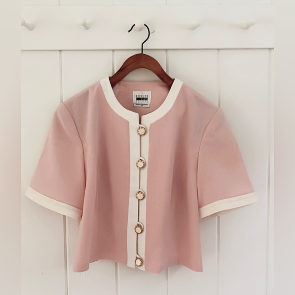 Vintage Leslie Fay Cropped Lady Jacket Coquette Soft Girl Baby Pink Gold Girly